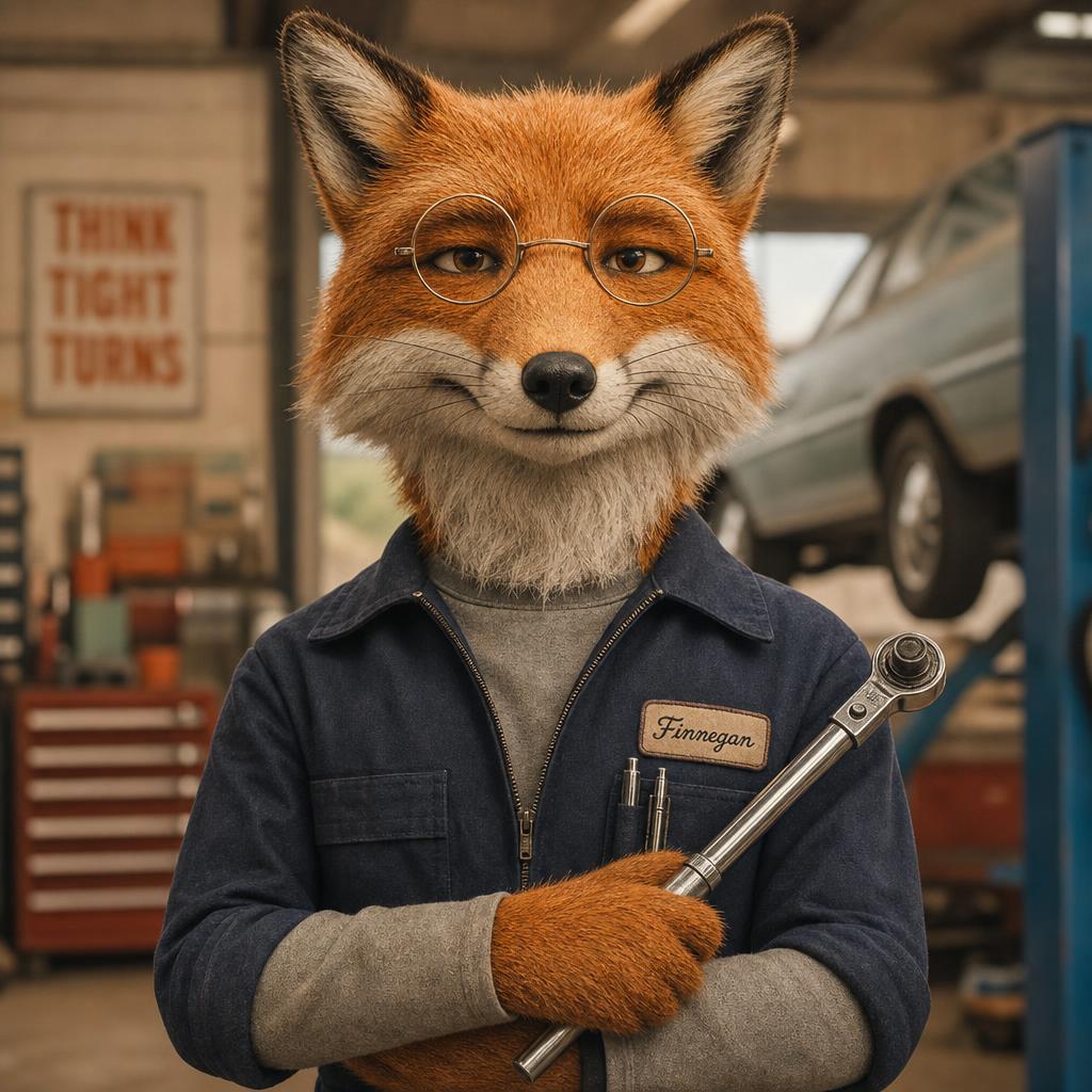 Finnegan the fox — Drova Checks mechanic mascot